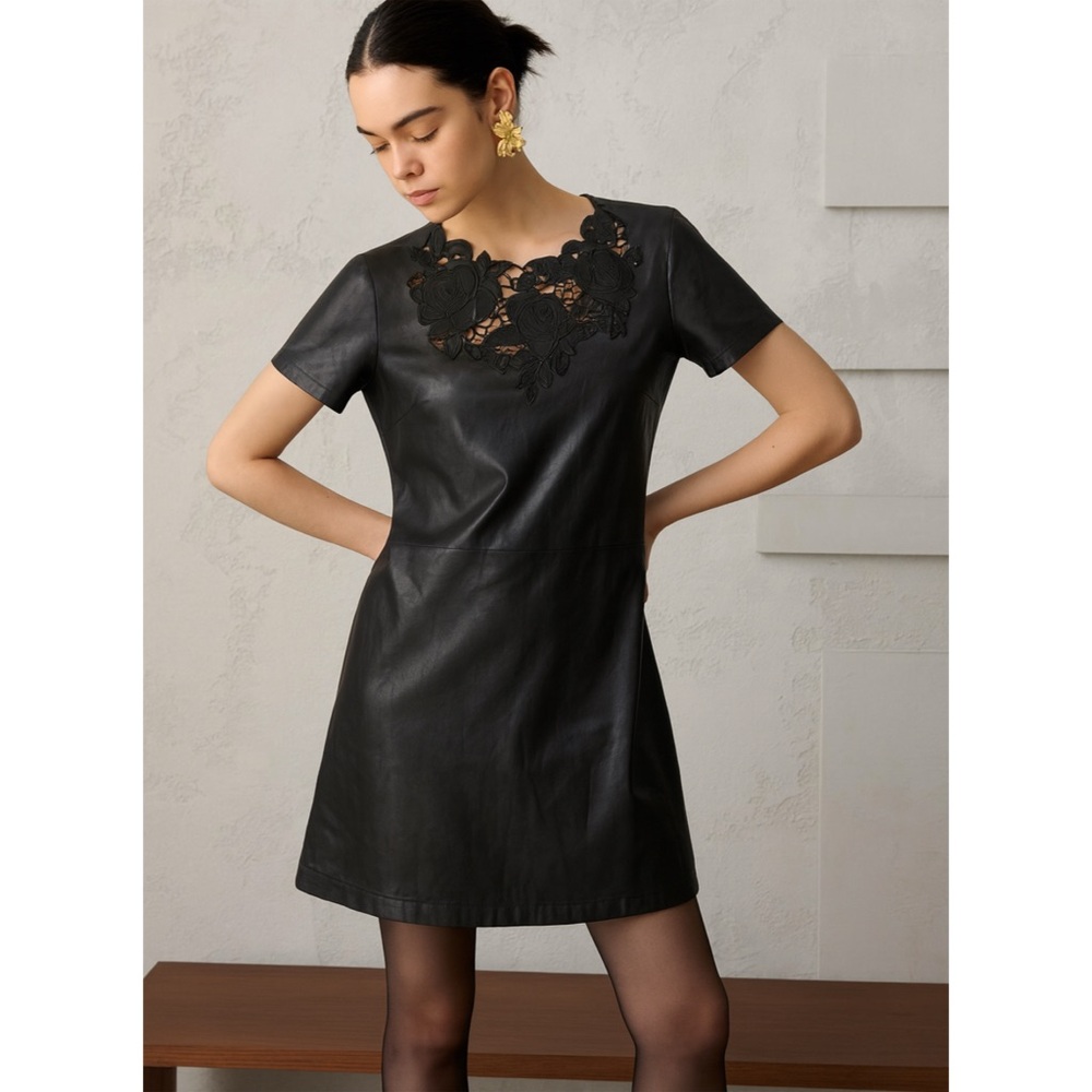 Adrianna Papell Floral Cut-Out Faux Leather Knit Sheath Dress Black Womens Sz XL